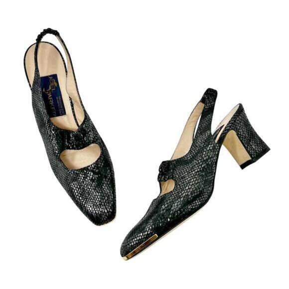 Vintage Joel Parker Black Snakeskin Gold Cap Slingback 3" Heels sz 8 AAA - Picture 1 of 15